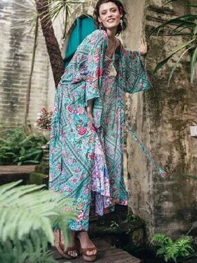 Spell & The Gypsy Babushka Turquoise Maxi Kimono Robe OS b225e